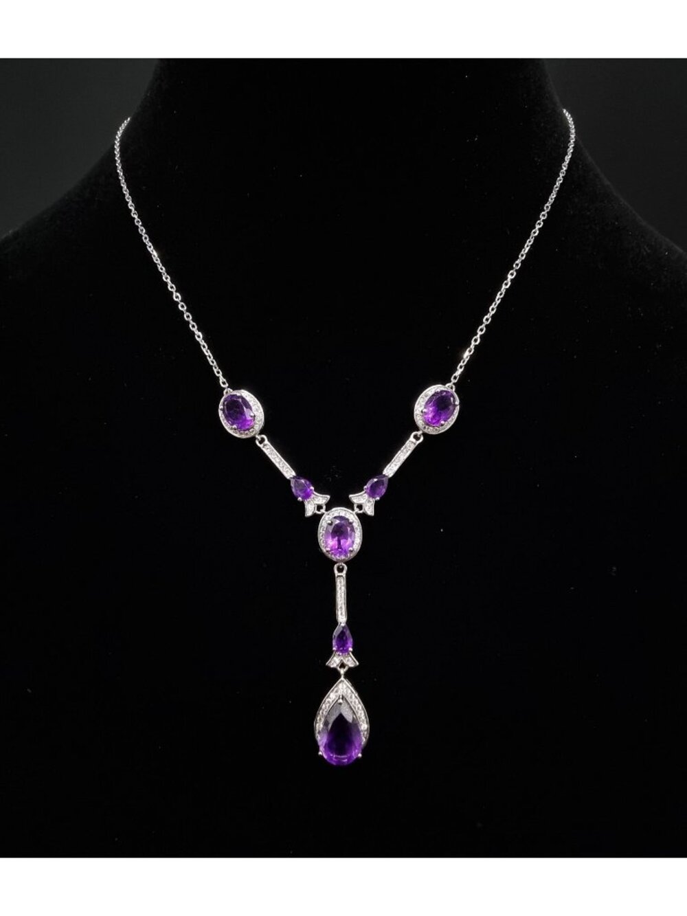 JCL 925 Sterling Silver Amethyst Necklace With Teardrop & Oval Gemstone Design
